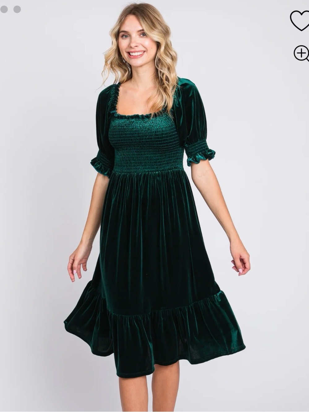 Emerald Velvet Smocked Midi Dress - Women